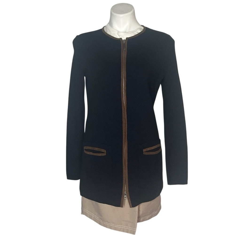 LAUREN RALPH LAUREN Black Cotton Knit Jacket Brown Faux Suede Trim Size Medium